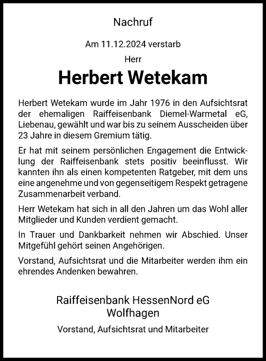 Traueranzeige von Herbert Wetekam von HNA