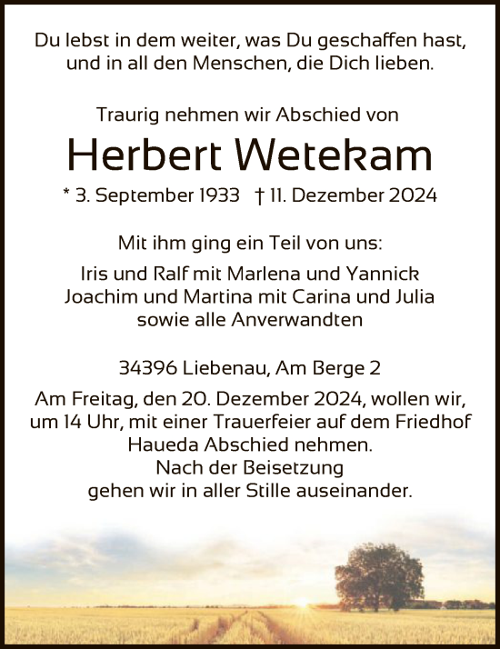 Traueranzeige von Herbert Wetekam von HNA