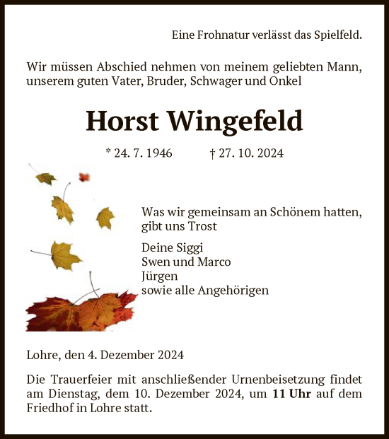 Traueranzeige von Horst Wingefeld von HNA