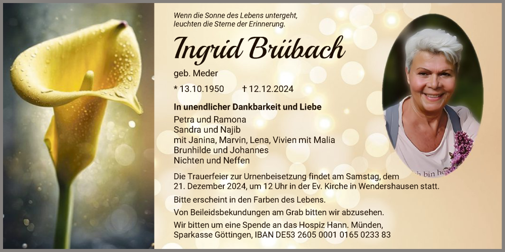  Traueranzeige für Ingrid Brübach vom 14.12.2024 aus HNA