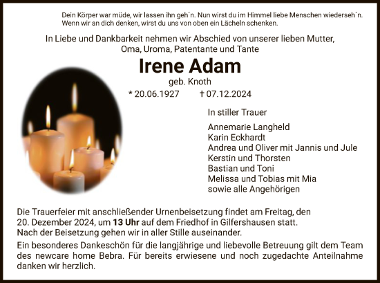 Traueranzeige von Irene Adam von HNA