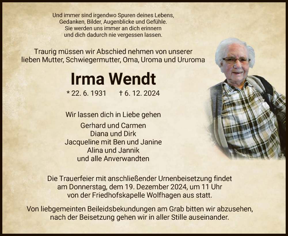  Traueranzeige für Irma Wendt vom 14.12.2024 aus HNA