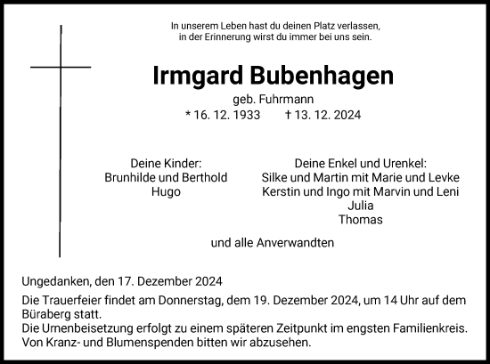 Traueranzeige von Irmgard Bubenhagen von HNA