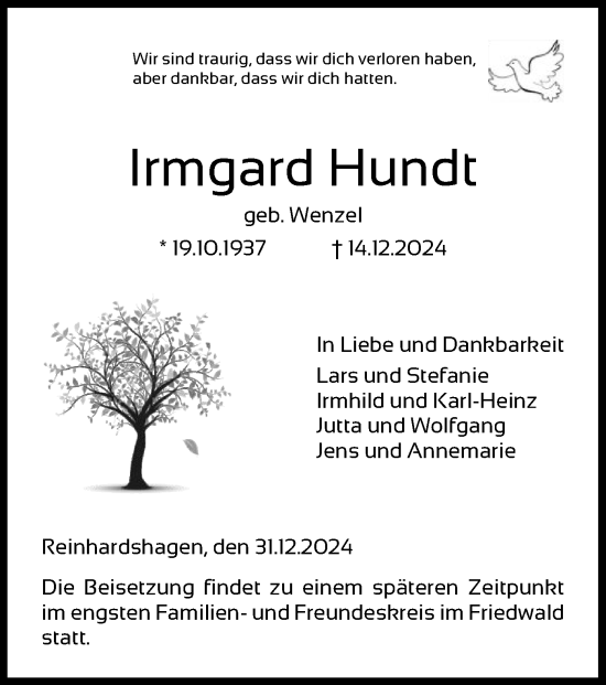 Traueranzeige von Irmgard Hundt von HNA