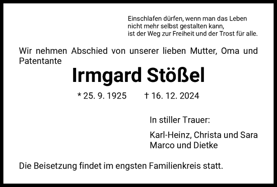 Traueranzeige von Irmgard Stößel von HNA