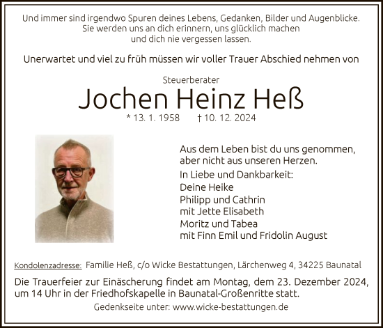 Traueranzeige von Jochen Heinz Heß von HNAHNAHNA