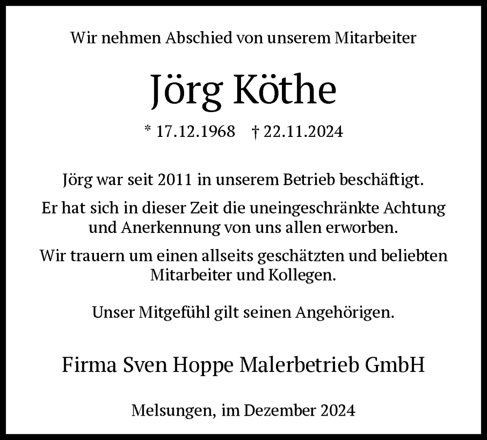  Traueranzeige für Jörg Köthe vom 07.12.2024 aus HNA