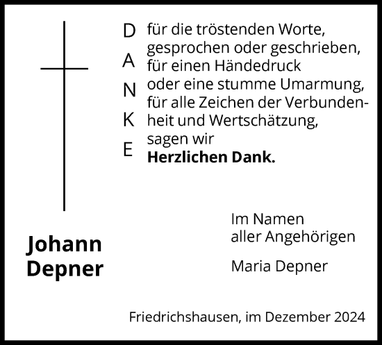 Traueranzeige von Johann Depner von HNA