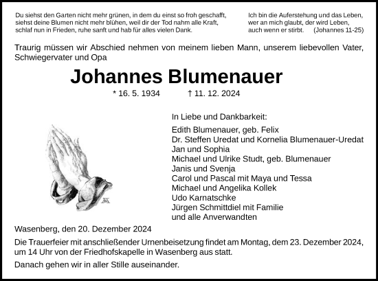 Traueranzeige von Johannes Blumenauer von HNA