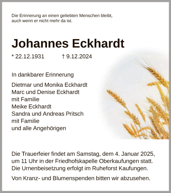 Traueranzeige von Johannes Eckhardt von HNA