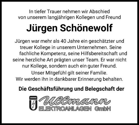 Traueranzeige von Jürgen Schönewolf von HNAWRS