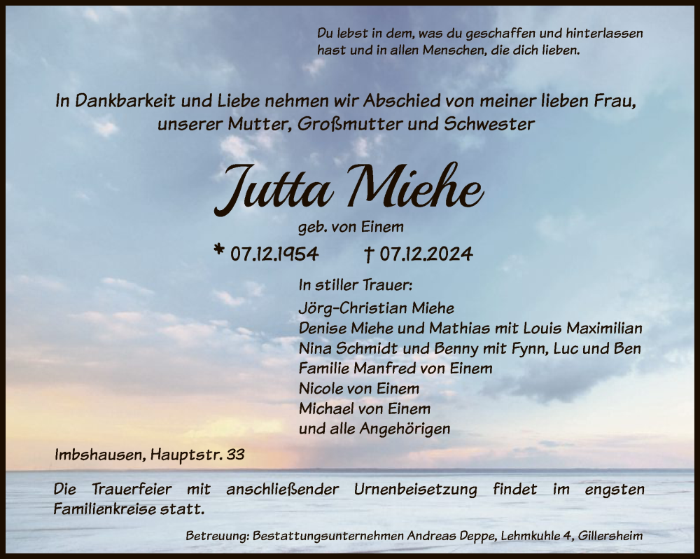  Traueranzeige für Jutta Miehe vom 14.12.2024 aus HNA