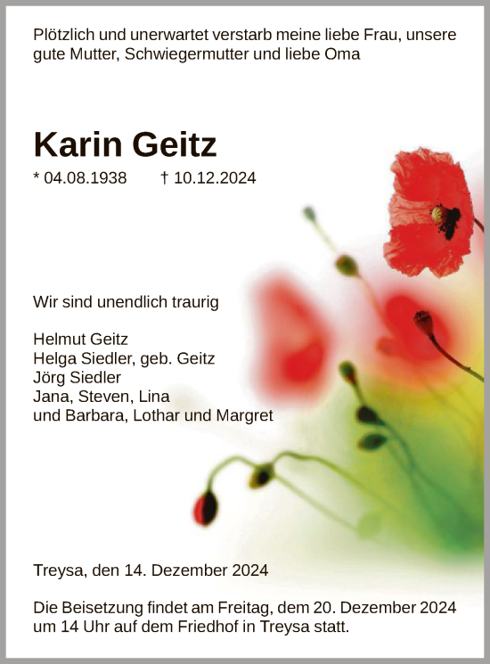 Traueranzeige von Karin Geitz von HNA