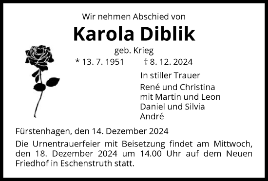 Traueranzeige von Karola Diblik von HNA