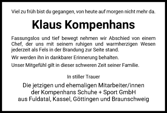 Traueranzeige von Klaus  Kompenhans von HNA