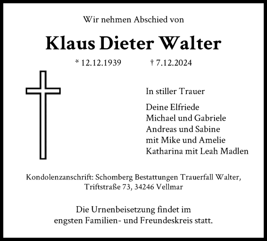 Traueranzeige von Klaus Dieter Walter von HNA