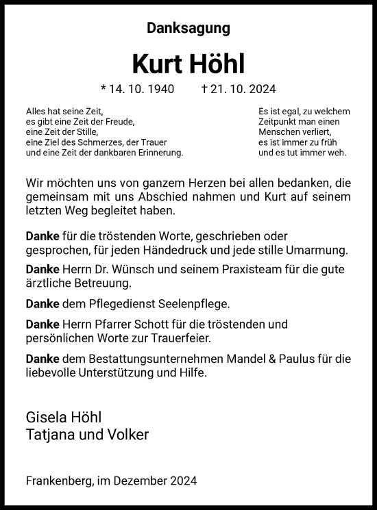 Traueranzeige von Kurt Höhl von HNA