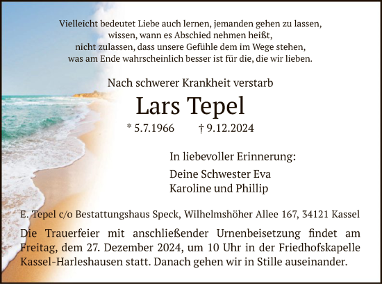 Traueranzeige von Lars Tepel von HNA