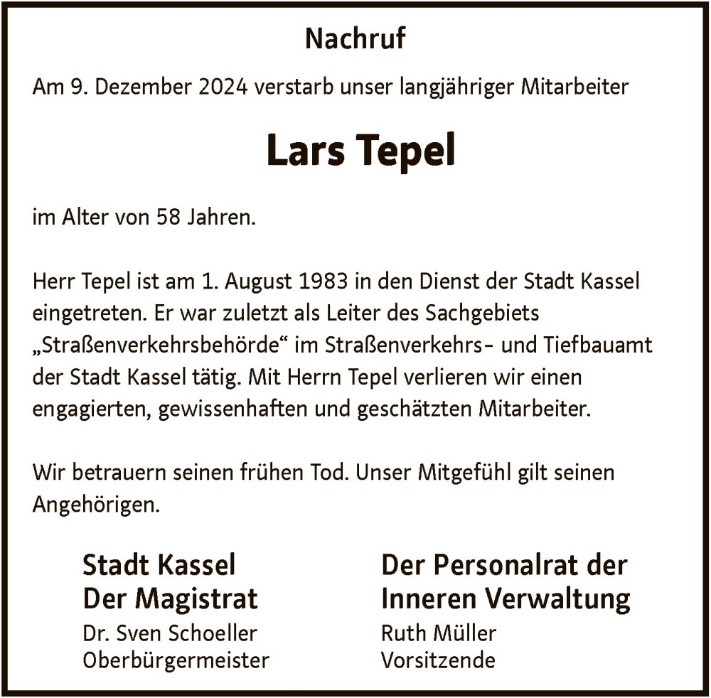  Traueranzeige für Lars Tepel vom 21.12.2024 aus HNA