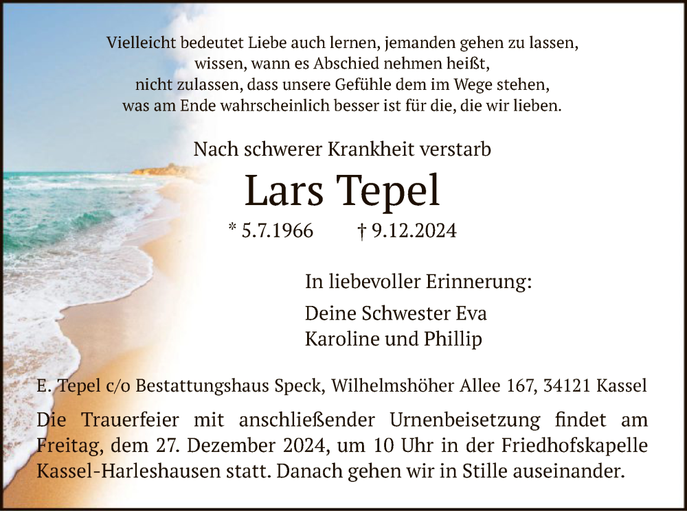  Traueranzeige für Lars Tepel vom 21.12.2024 aus HNA