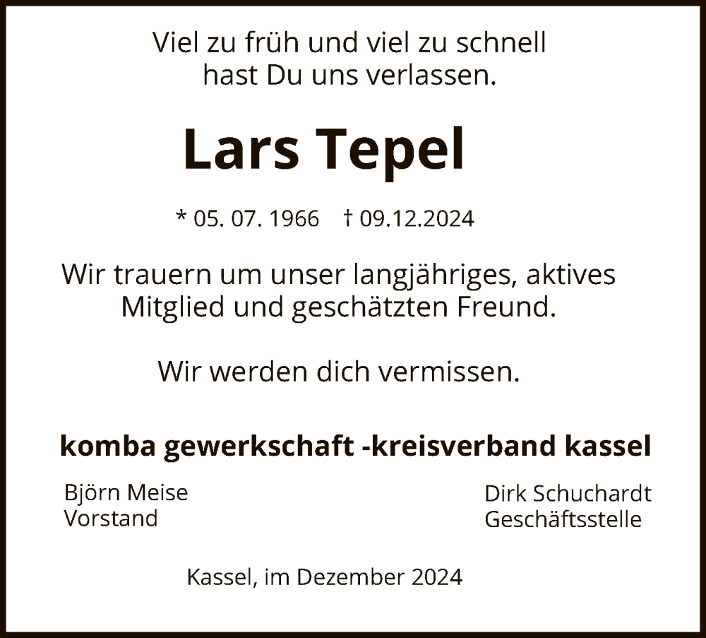  Traueranzeige für Lars Tepel vom 21.12.2024 aus HNA