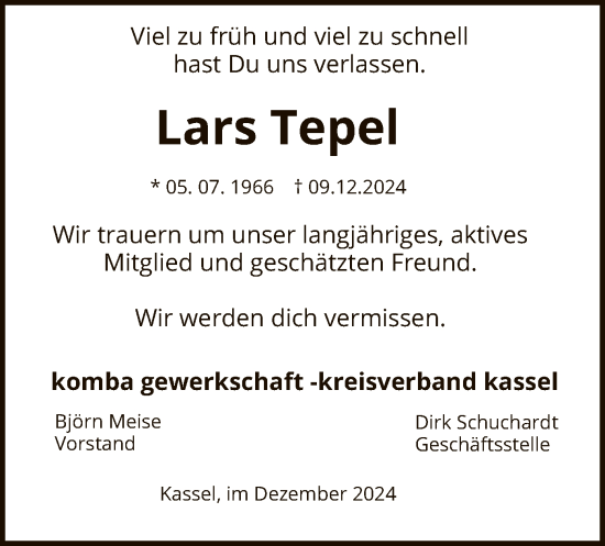 Traueranzeige von Lars Tepel von HNA