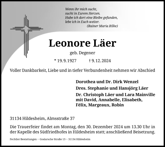 Traueranzeige von Leonore Läer von HNA