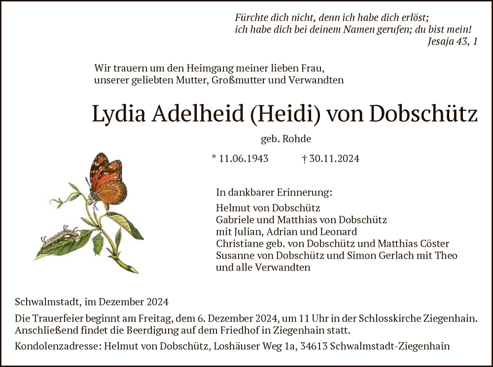  Traueranzeige für Lydia Adelheid von Dobschütz vom 04.12.2024 aus HNA