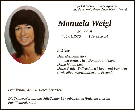 Traueranzeige von Manuela Weigl von HNA