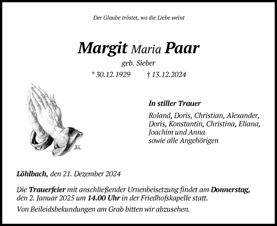 Traueranzeige von Margit Paar von HNA