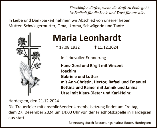 Traueranzeige von Maria Leonhardt von HNA