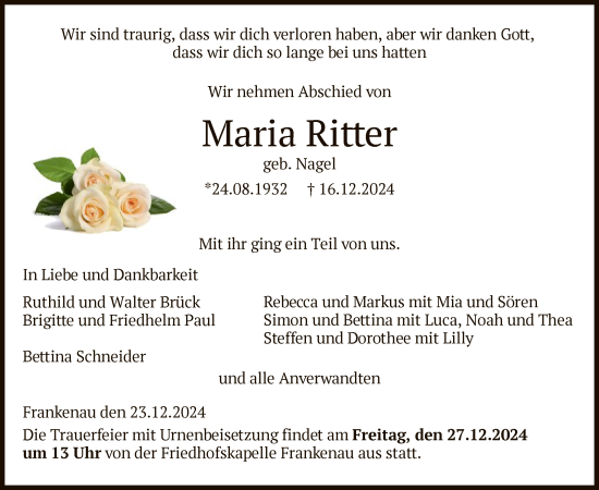 Traueranzeige von Maria Ritter von HNA