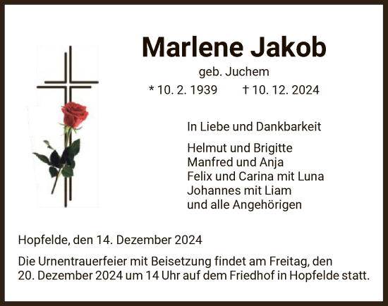 Traueranzeige von Marlene Jakob von HNA