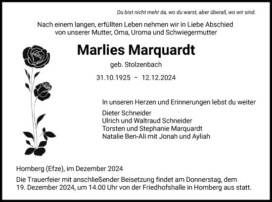 Traueranzeige von Marlies Marquardt von HNA