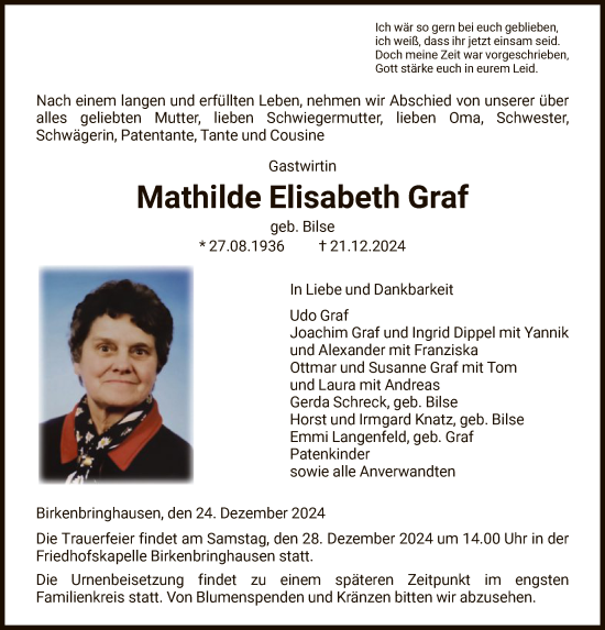 Traueranzeige von Mathilde Elisabeth Graf von HNA