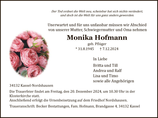 Traueranzeige von Monika Hofmann von HNA