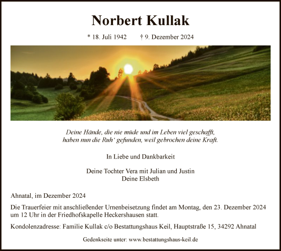 Traueranzeige von Norbert Kullak von HNA