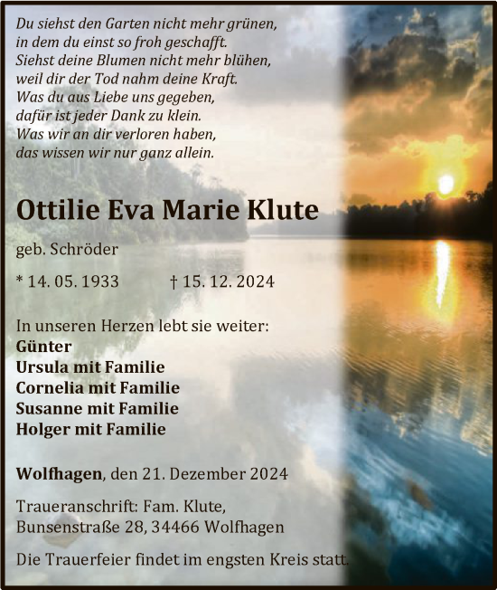 Traueranzeige von Ottilie  Klute von HNA