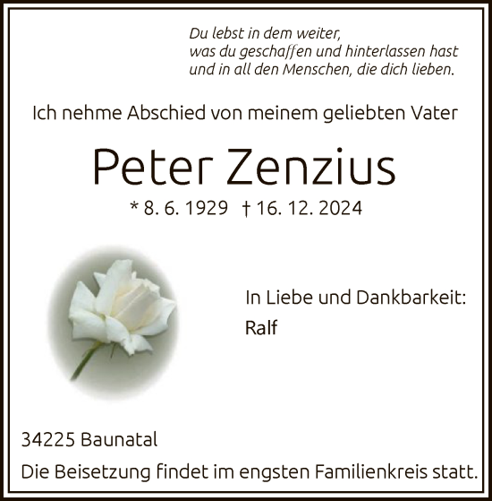 Traueranzeige von Peter Zenzius von HNA