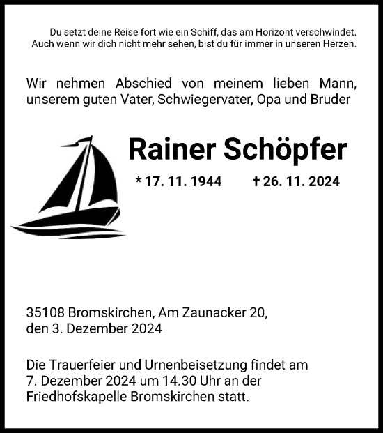 Traueranzeige von Rainer Schöpfer von HNA