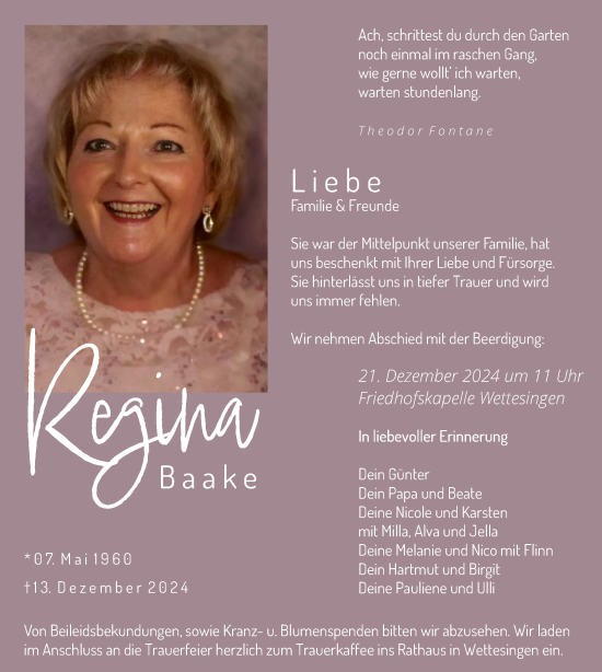 Traueranzeige von Regina Baake von HNA