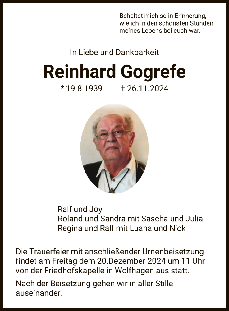  Traueranzeige für Reinhard Gogrefe vom 14.12.2024 aus HNAHNA
