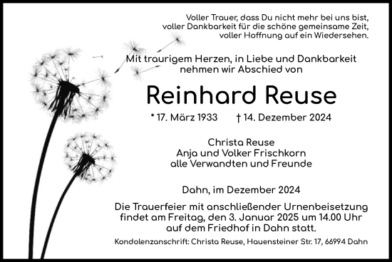 Traueranzeige von Reinhard Reuse von HNA