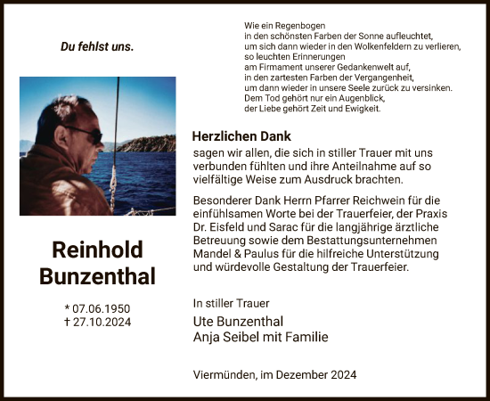 Traueranzeige von Reinhold Bunzenthal von HNA