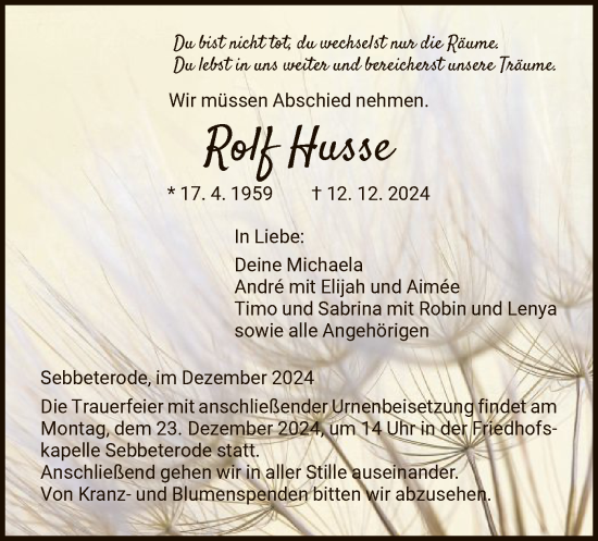 Traueranzeige von Rolf Husse von HNA