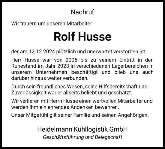 Traueranzeige von Rolf Husse von HNAHNA