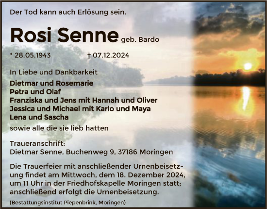 Traueranzeige von Rosie Senne von HNA