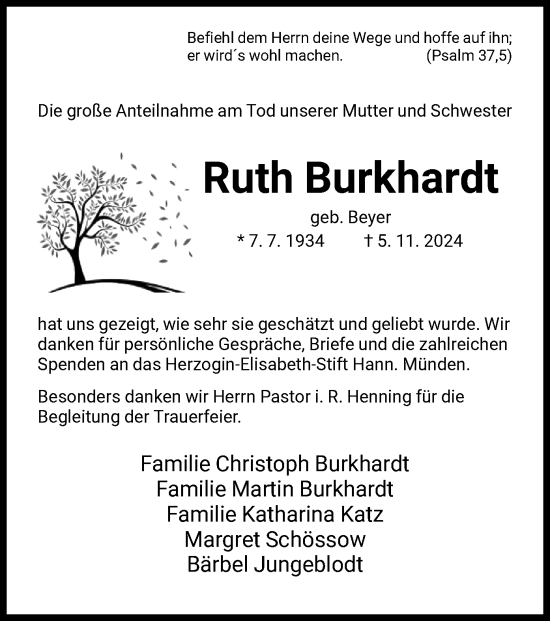 Traueranzeige von Ruth Burkhardt von HNA