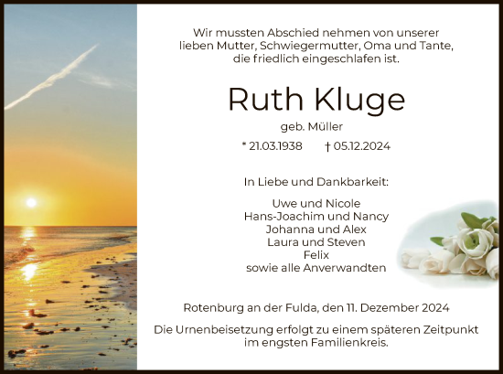 Traueranzeige von Ruth Kluge von HNA