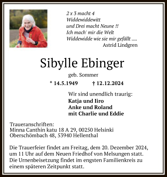 Traueranzeige von Sibylle Ebinger von HNA